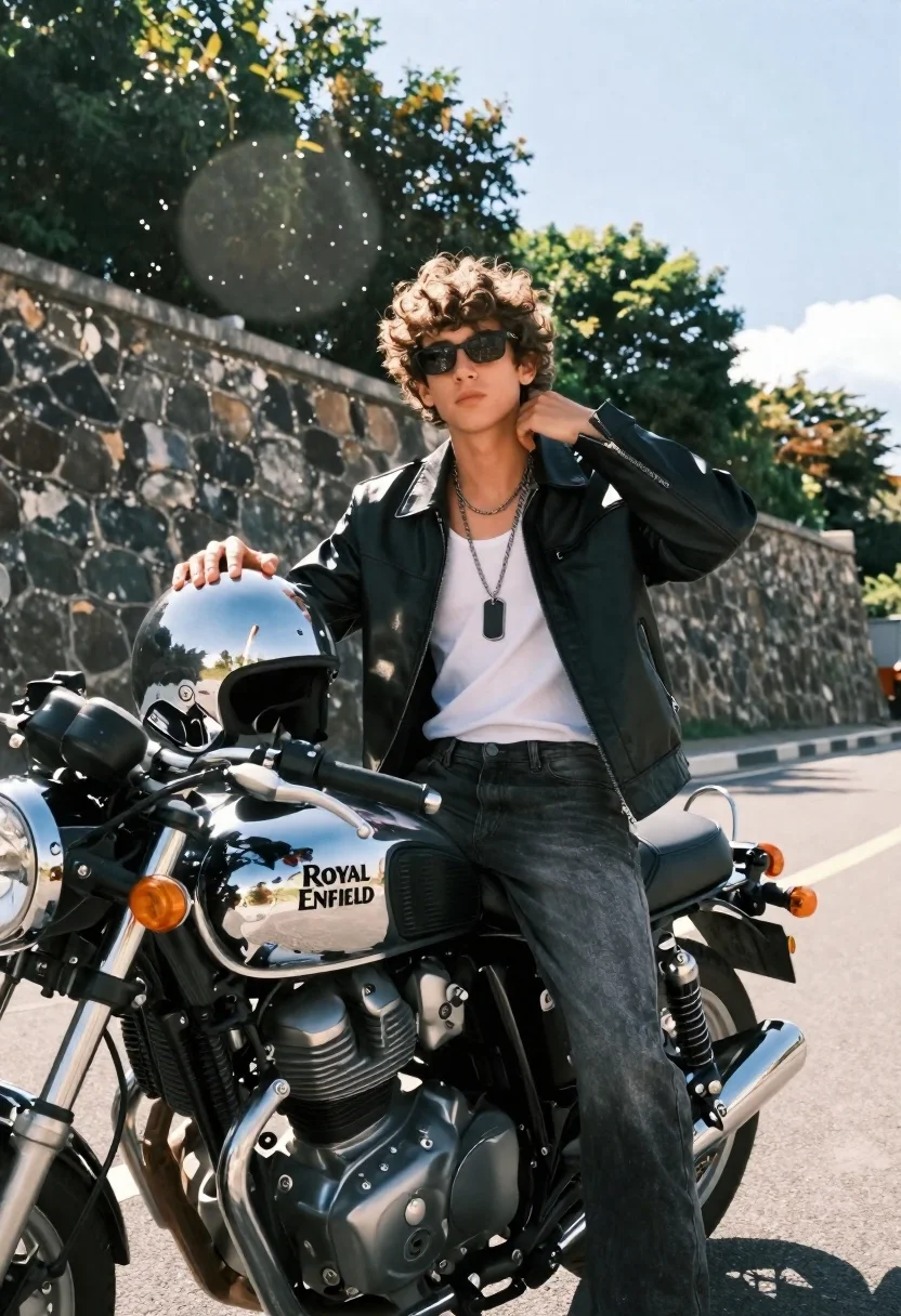 A confident young man with curly brown hair sits on a shiny chrome motorcycle, showcasing bright sunlight and gleaming reflections.