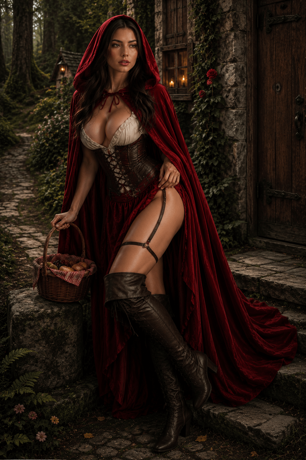 Little Red Riding Hood In Misty Forest Stone Cottage