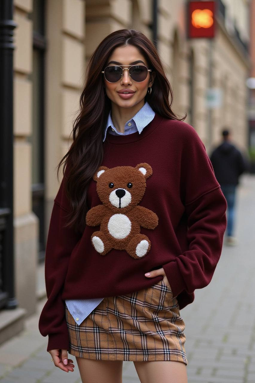 A woman stands on a cobblestone street wearing a burgundy oversized sweater with a teddy bear motif and plaid mini skirt.