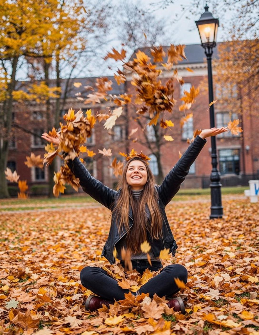 Autumn Sitting Cross-legged Ground Covered Fallen Leaves