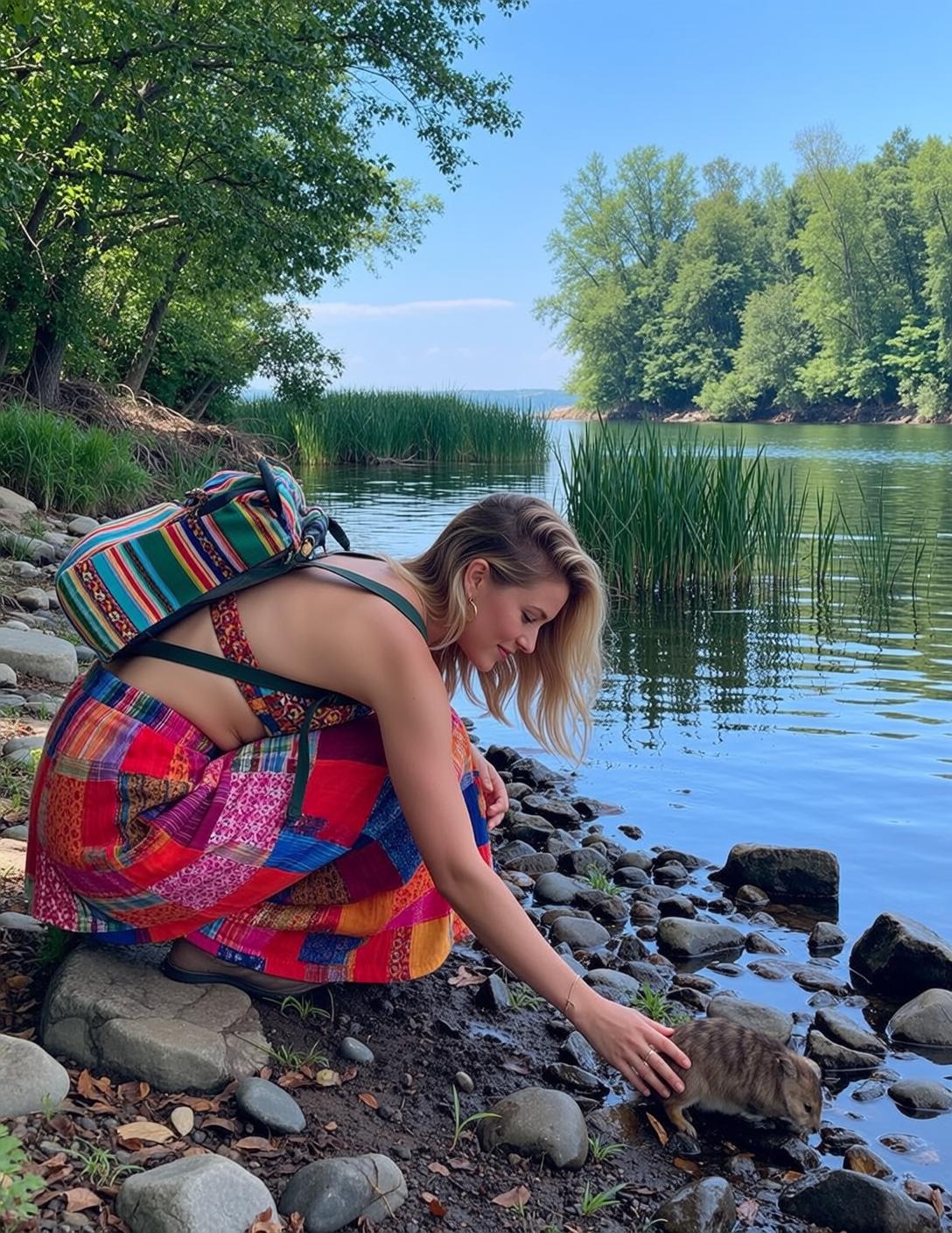 Blonde Woman Crouching By Lake Reaching For Animal