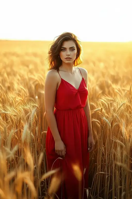 Scarlet Silk Dress Wheat Field