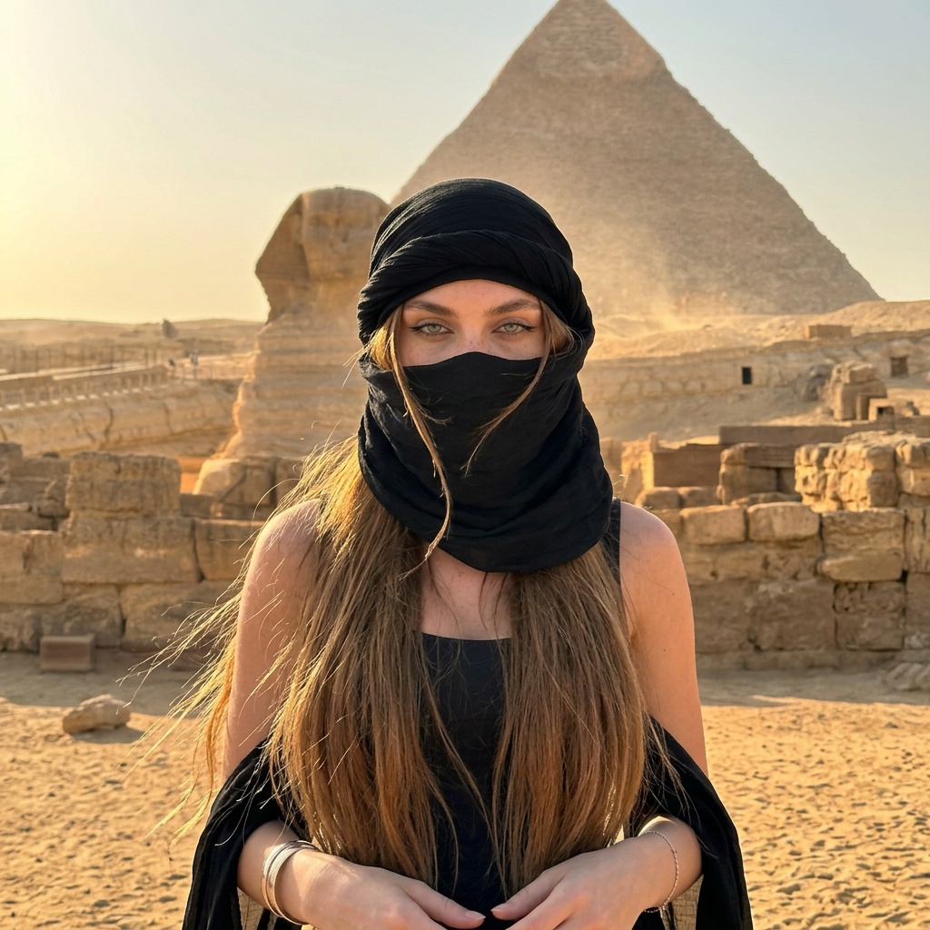 A girl named Mila in a desert with a pyramid and Sphinx, wearing a black face cover and a scarf, striking a captivating pose.