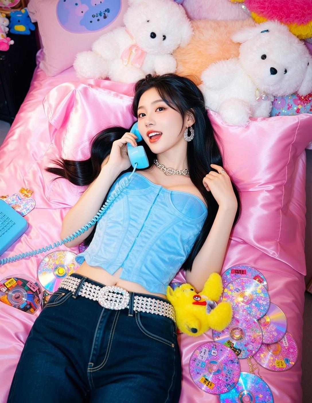 Barbiecore Lying Her Back Pink Satin Bed