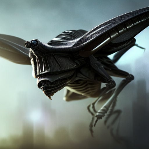 Biomechanical Insectoid Creature Flying Hazy Cityscape