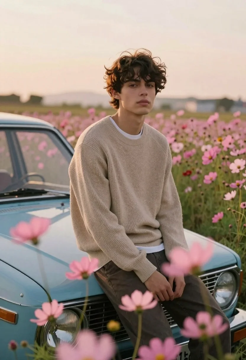 Young Man With Dark Wavy Hair Sits Atop The Hood