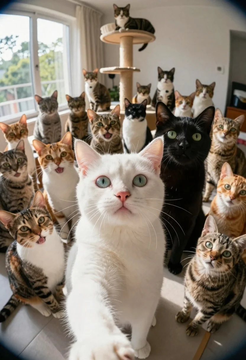 Photorealistic Indoor Scene Group Selfie Taken White Cat The Foreground reference photo