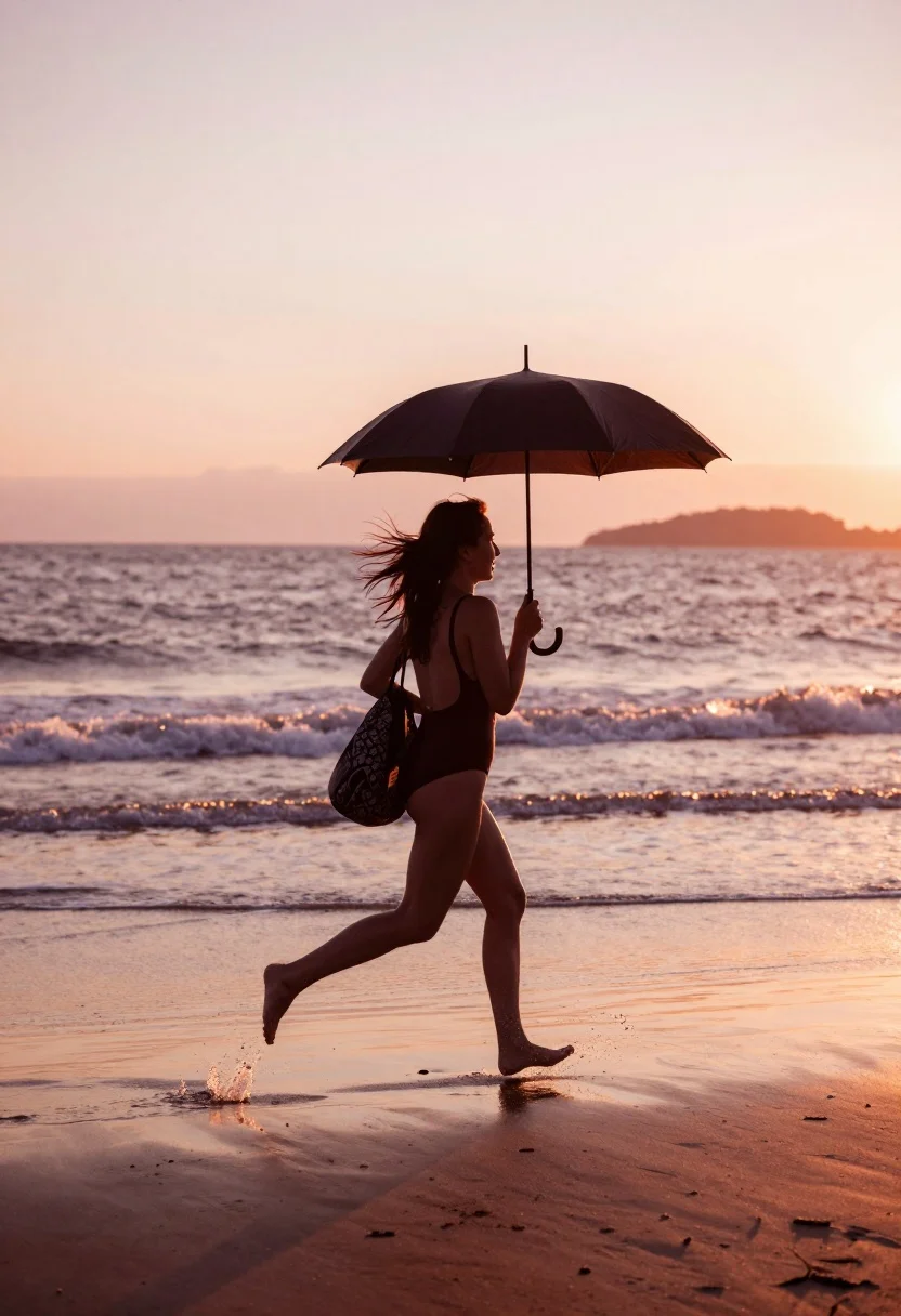 Woman Holding Large Umbrella High Above Her Head She Runs