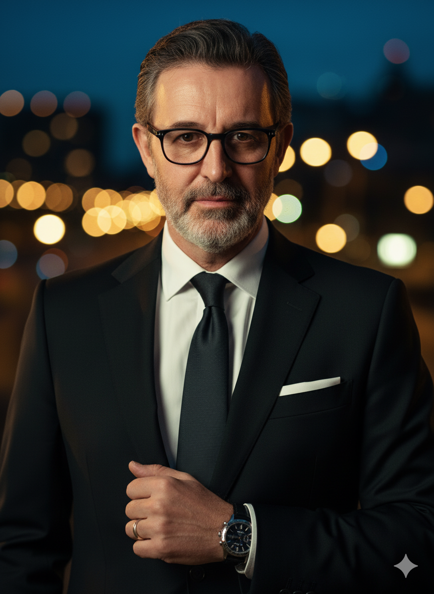 A confident man in a tailored black suit with a white shirt, standing in an urban evening setting, illuminated by soft, warm light.