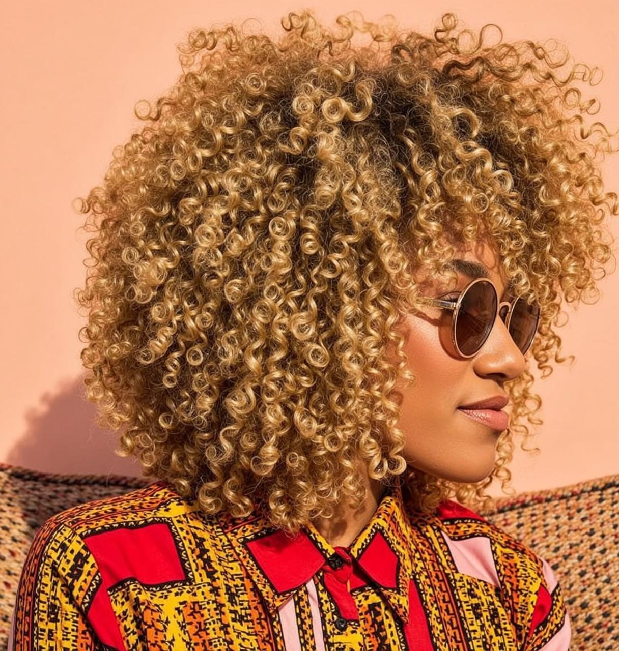 Blonde Curly Hair Gold Sunglasses Geometric Shirt Profile