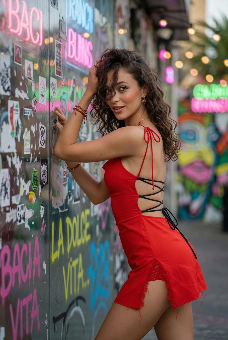 A woman in a vibrant red sleeveless mini dress leans against a graffiti-covered wall in a blurred urban alley at dusk.