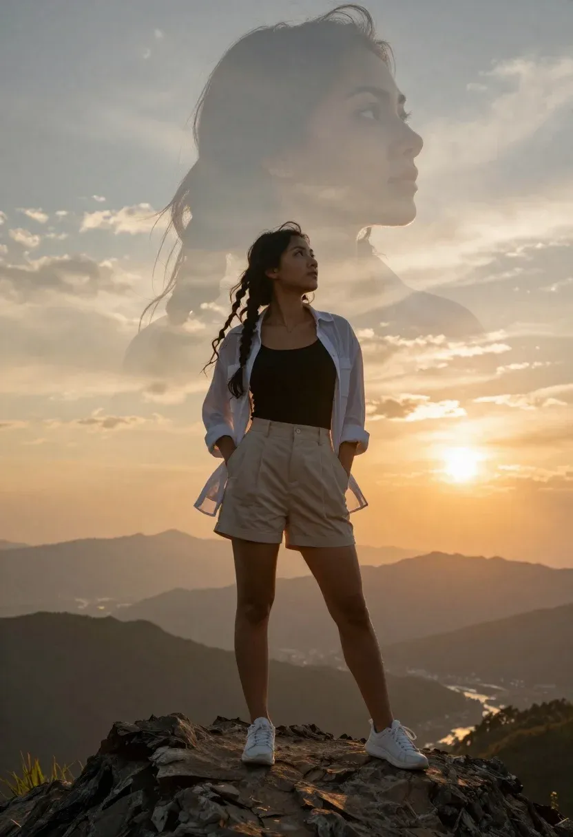 Young Woman Stands Confidently Rugged Rocky Mountain Peak With Her