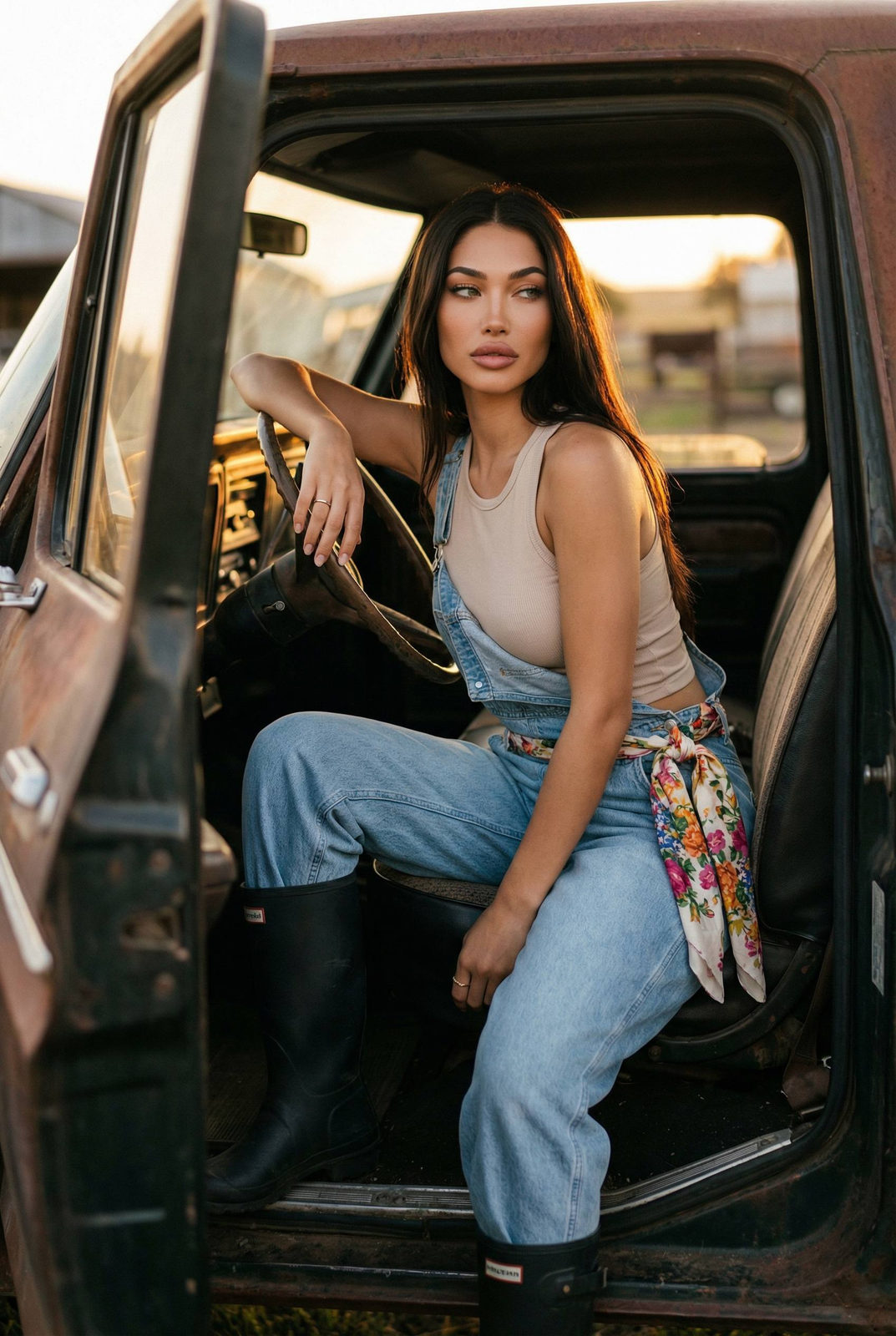 A woman in denim overalls and a floral scarf sits inside an old rusty farm truck during sunset, with golden hour light highlighting her features.