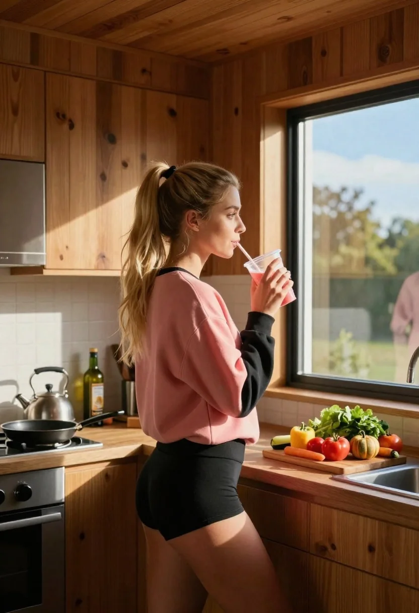 Young Woman With Blonde Hair Tied High Ponytail Stands Profile reference photo