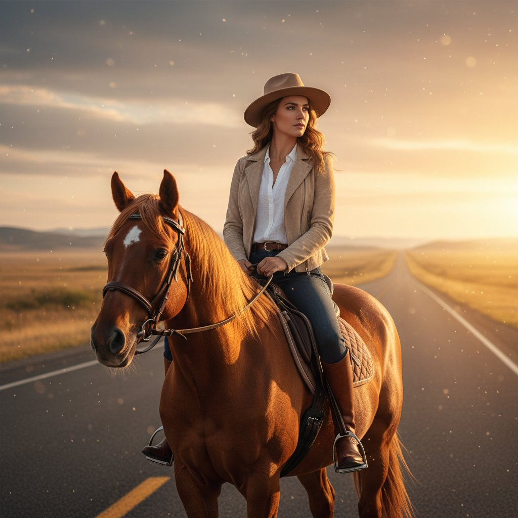 A cinematic portrait of a woman on a chestnut horse during golden hour, with warm sunlight wrapping around her and the horse.