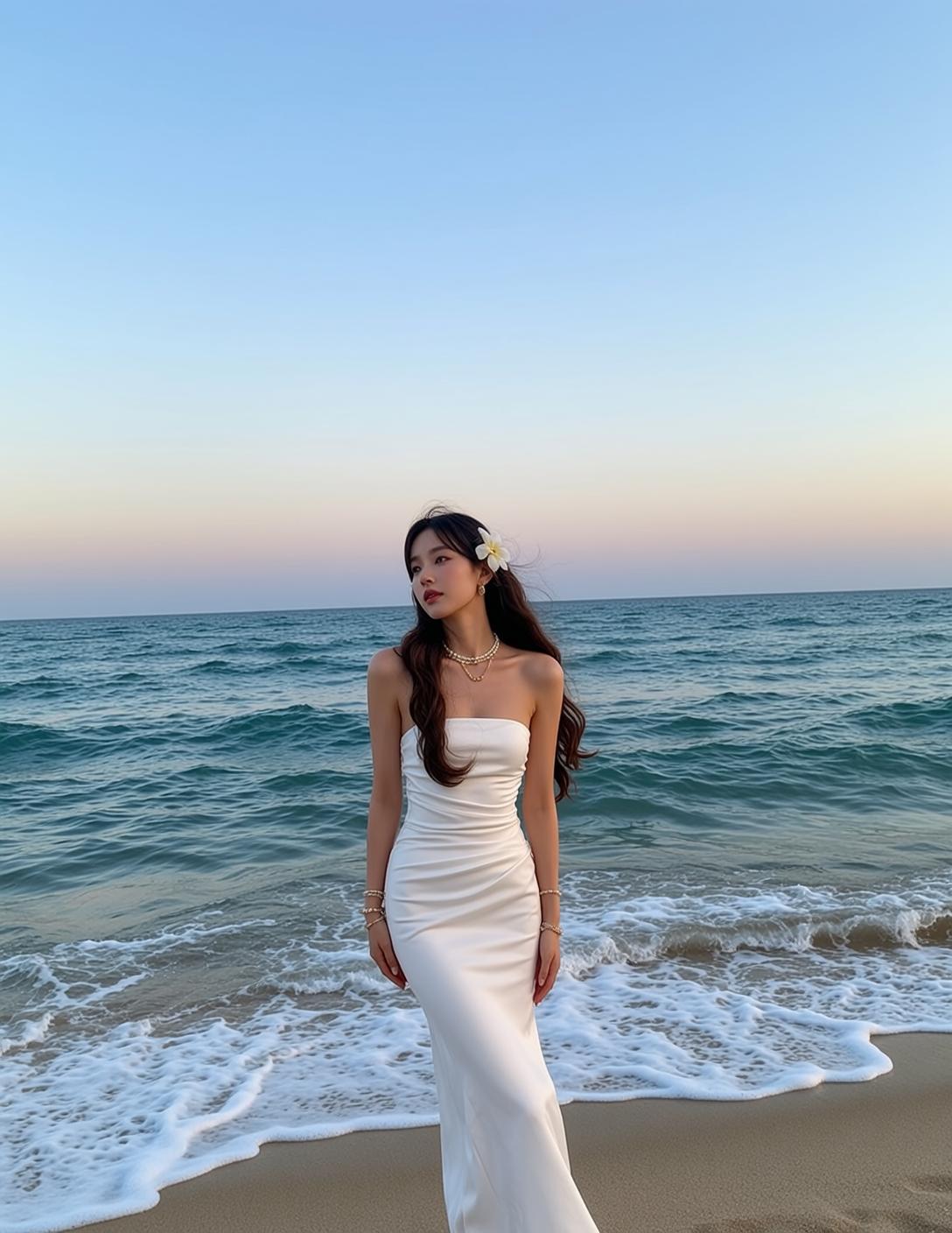 White Satin Dress Beach Sunset