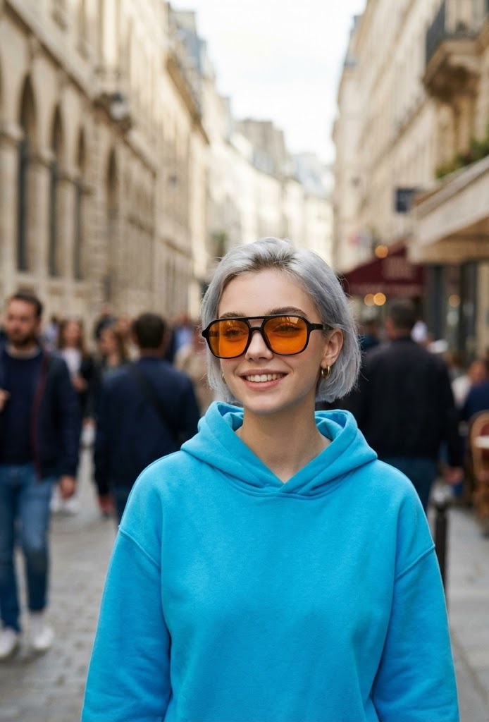 A woman walking toward the camera on a Paris street, captured in a natural style with soft depth of field.