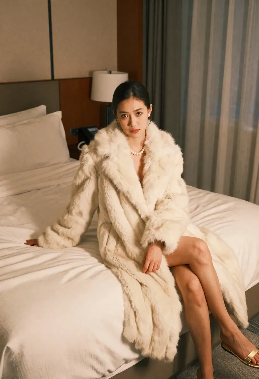 Woman Cream-colored Fur Coat Sits Bed Looking The Camera Subject
