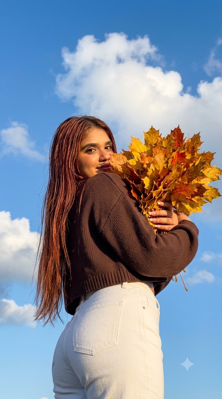 Girl Bright Blue Sky Autumn Leaves Knit Sweater