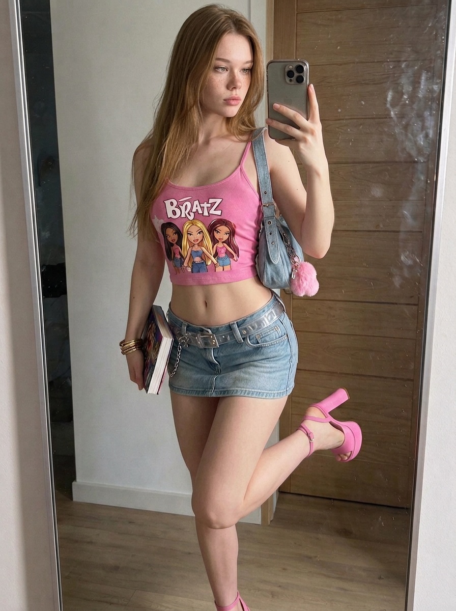 A woman in a pink graphic tank top and denim miniskirt poses in front of a mirror, holding a smartphone to capture her reflection.