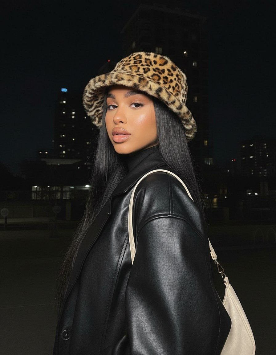A night portrait of a model with Slavic features wearing a leather jacket and leopard-print bucket hat, illuminated by flash, against a dark urban backdrop.