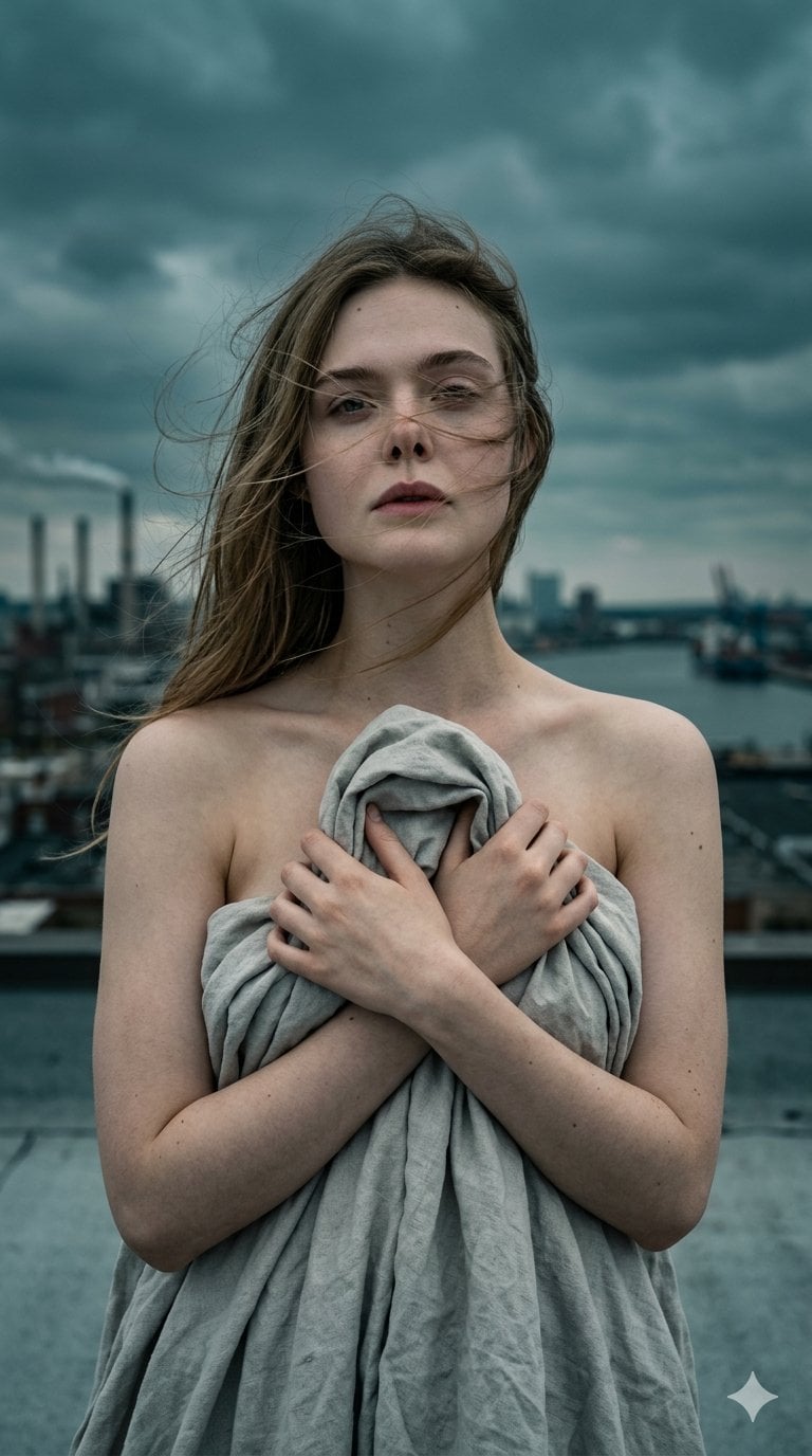 Rooftop Linen Drape Overcast Industrial Cityscape