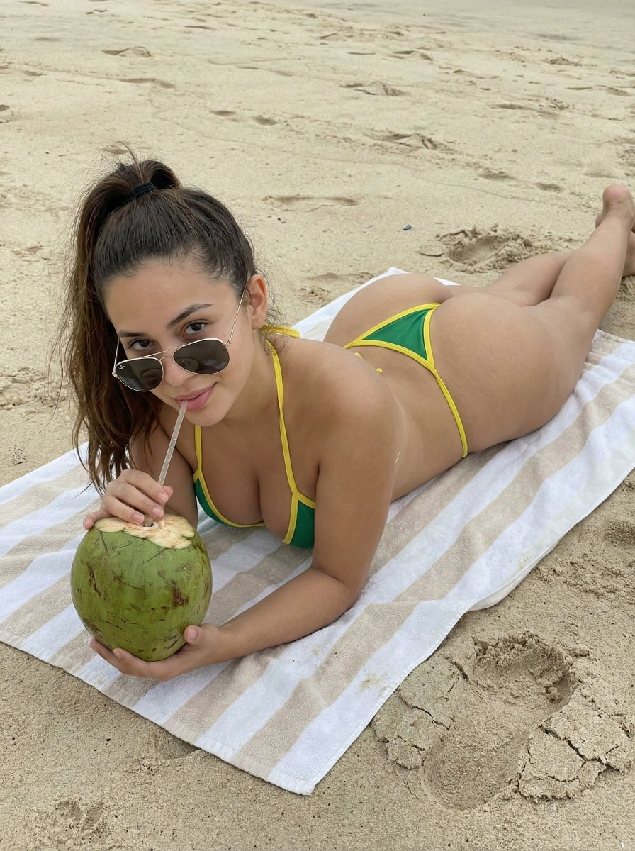 Adult woman lying on beach towel in green yellow bikini, sipping coconut drink with aviator sunglasses.