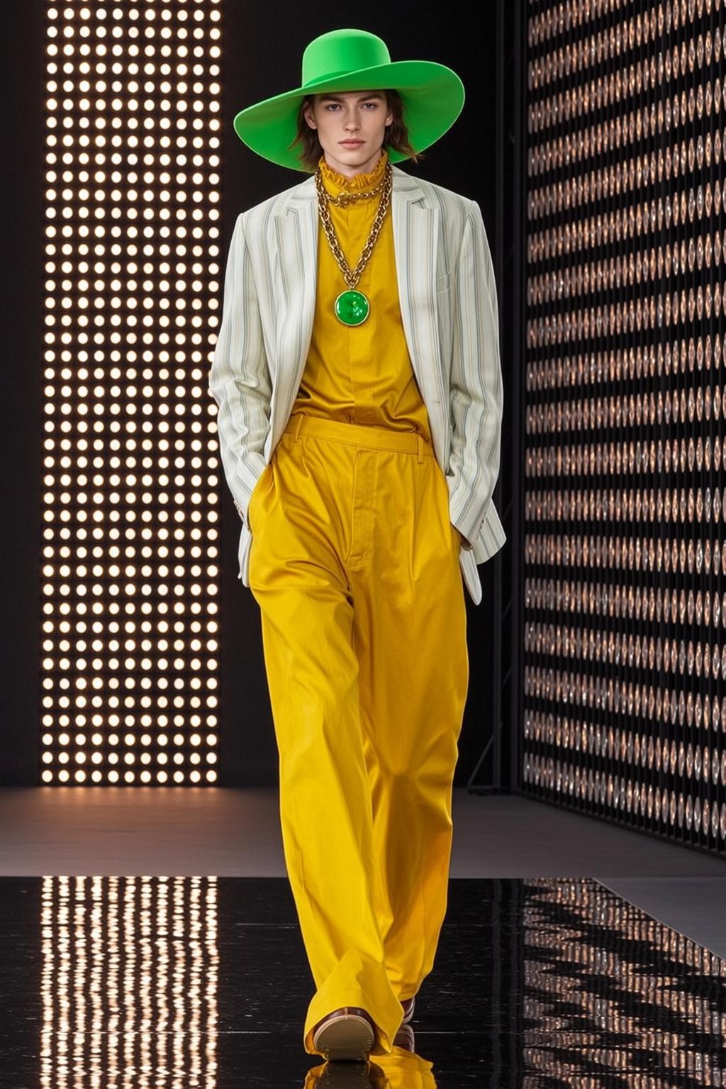 Yellow Satin Runway Fashion With Green Hat