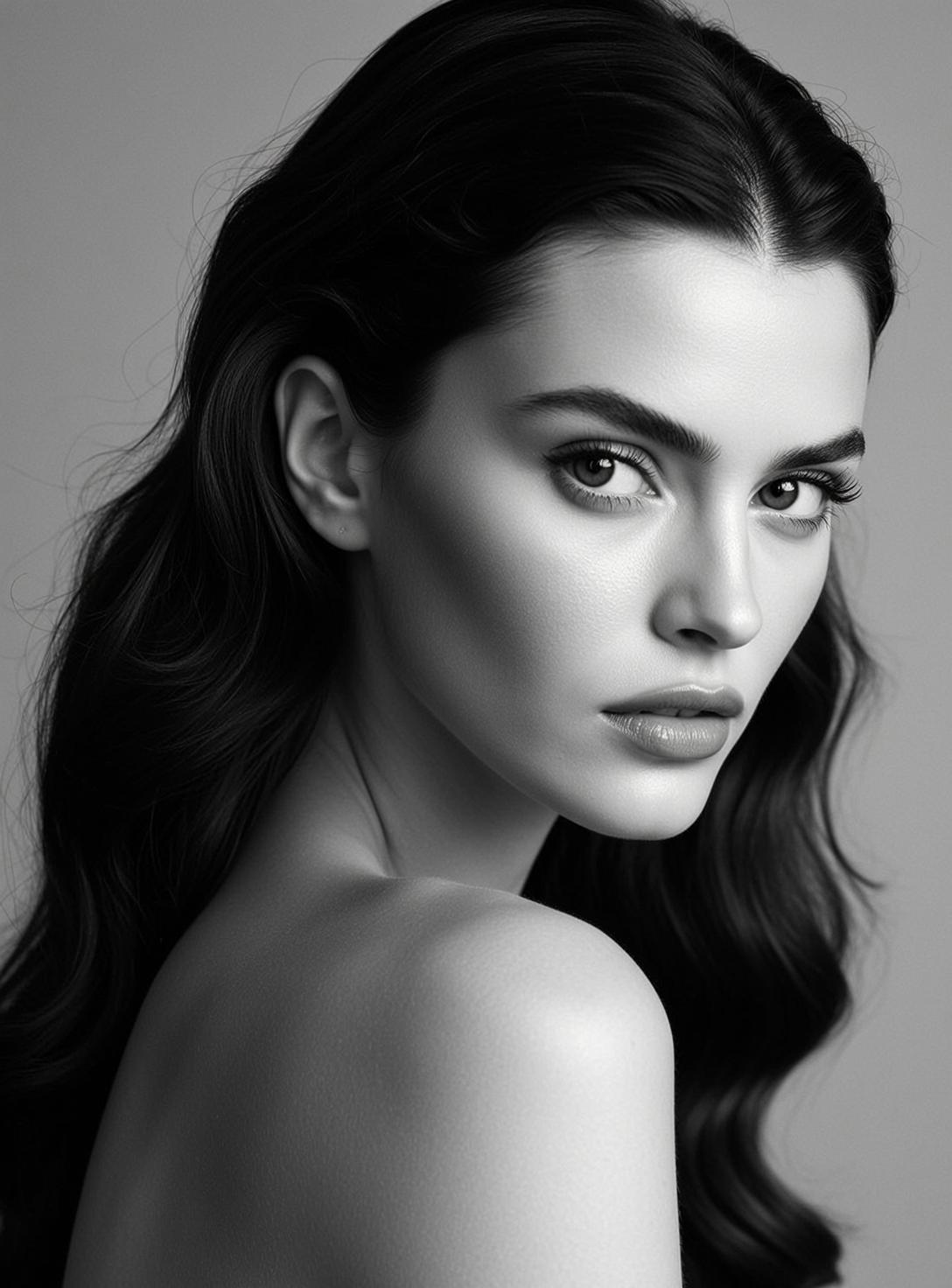 Photorealistic Black And White Medium Close-up Portrait Young Woman With