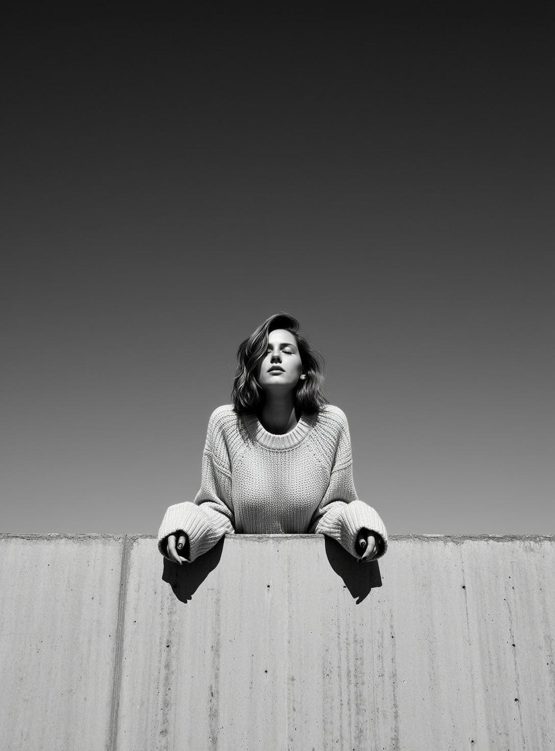 Photorealistic Black And White Medium Shot Portrait Young Woman With