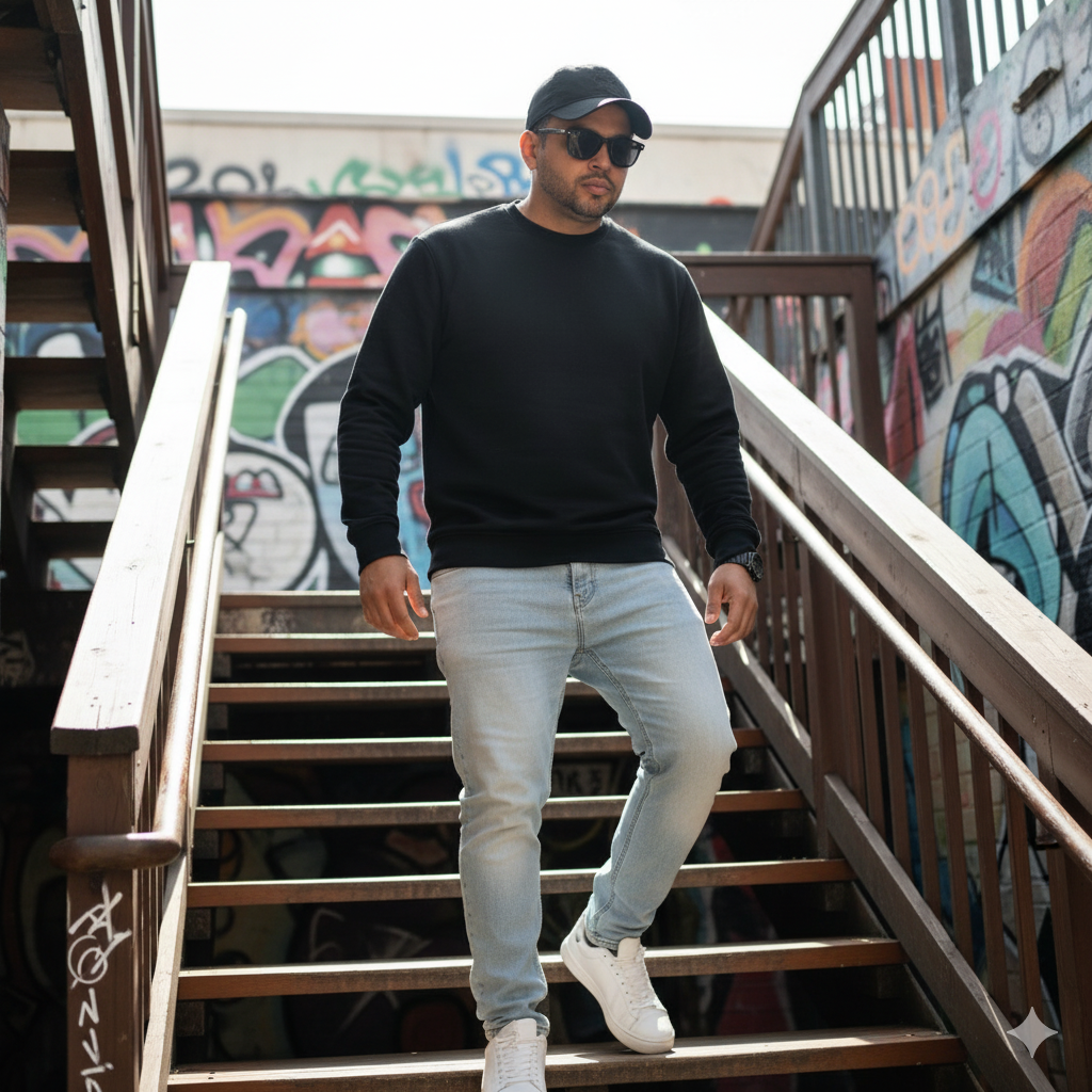 A dynamic ultra-realistic portrait of a man descending wooden stairs, wearing sunglasses and a casual cap, surrounded by colorful street art.