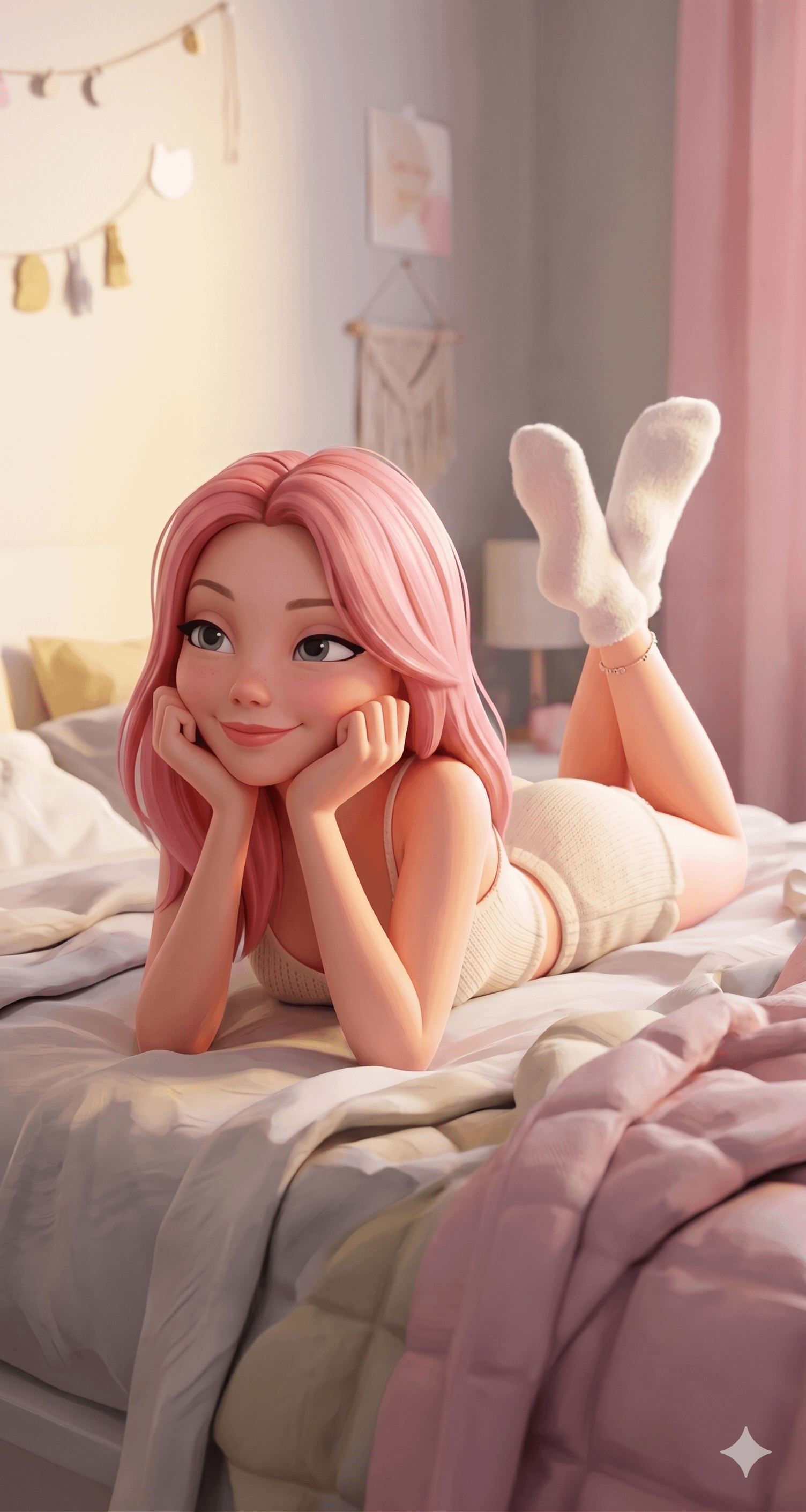 Pink Hair Pyjamas On Unmade Bed