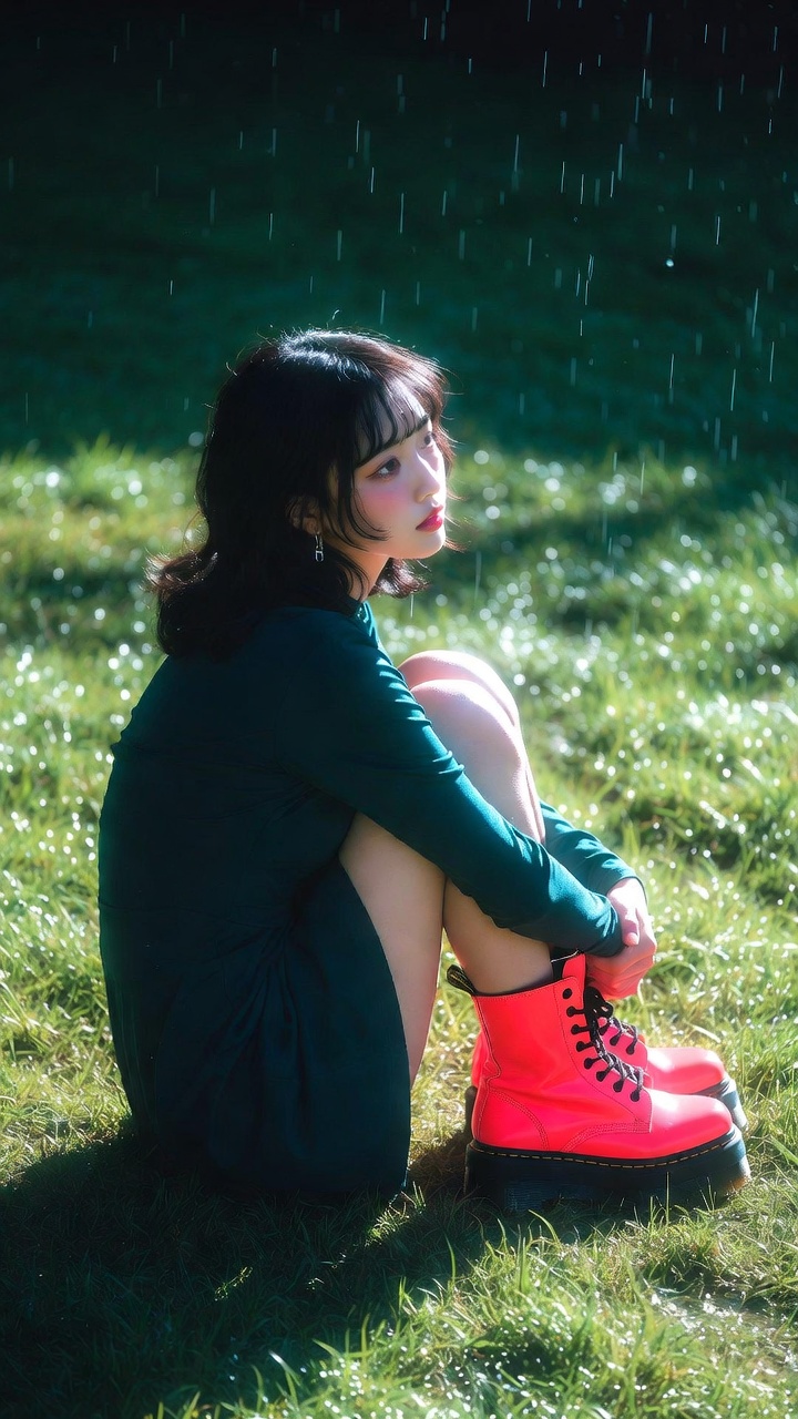 Teal Dress Neon Boots Lush Grass Contemplative