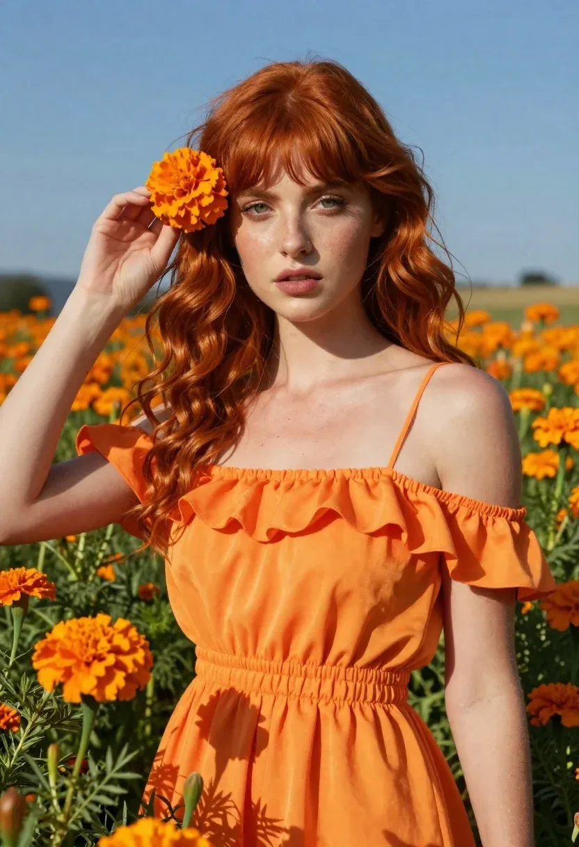 Vibrant Fashion Portrait Young Woman Standing Field Tall Orange Marigolds