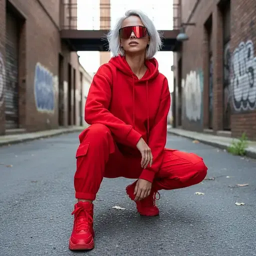 Hot Female Model With Red Urban Clothes And Red Sunglasses