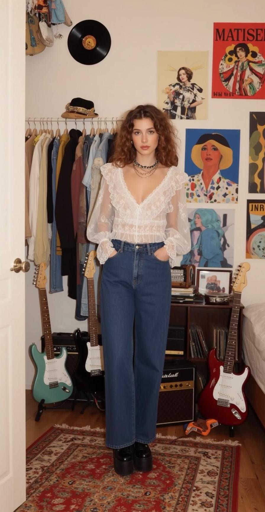 Sheer Lace Blouse Denim Jeans Studio