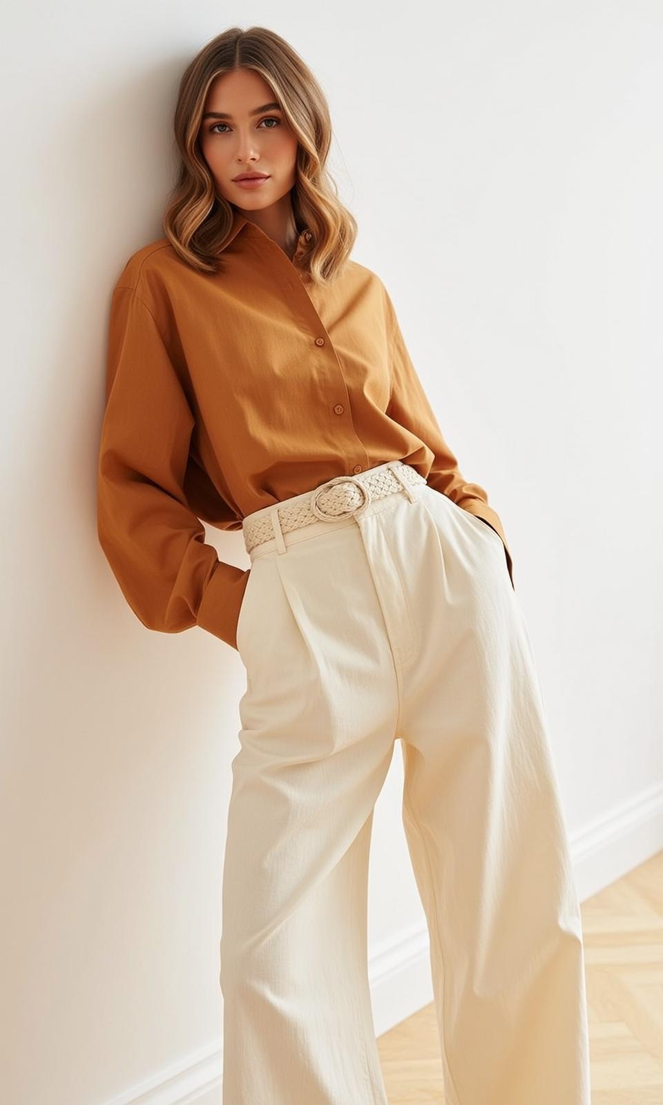 Woven Cream Colored Loose Fitting Long Indoors Against White Light