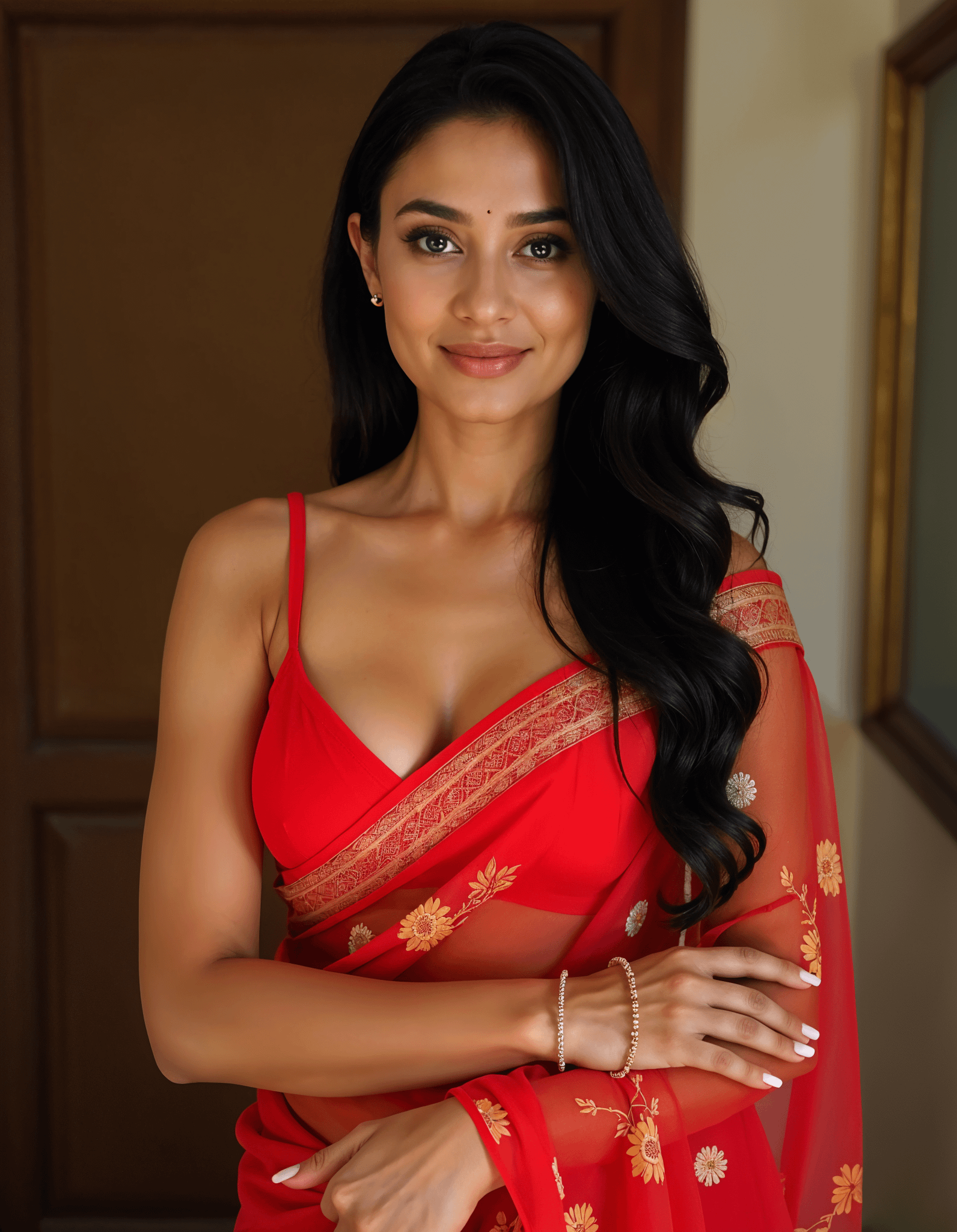 Red Saree With Gold Embroidery Indoor