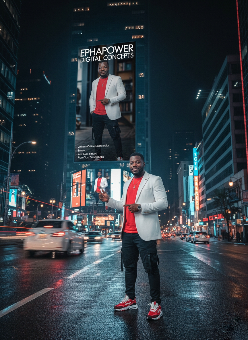A stylish man stands confidently in a vibrant modern city at night, surrounded by glowing billboards and neon lights, pointing toward his own portrait.