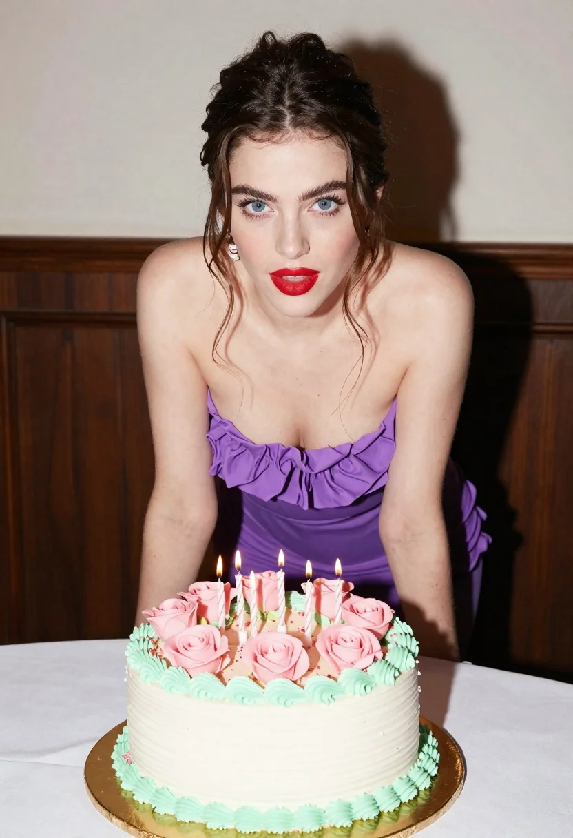 Young Woman With Brown Hair Pulled Back Leans Forward Over reference photo