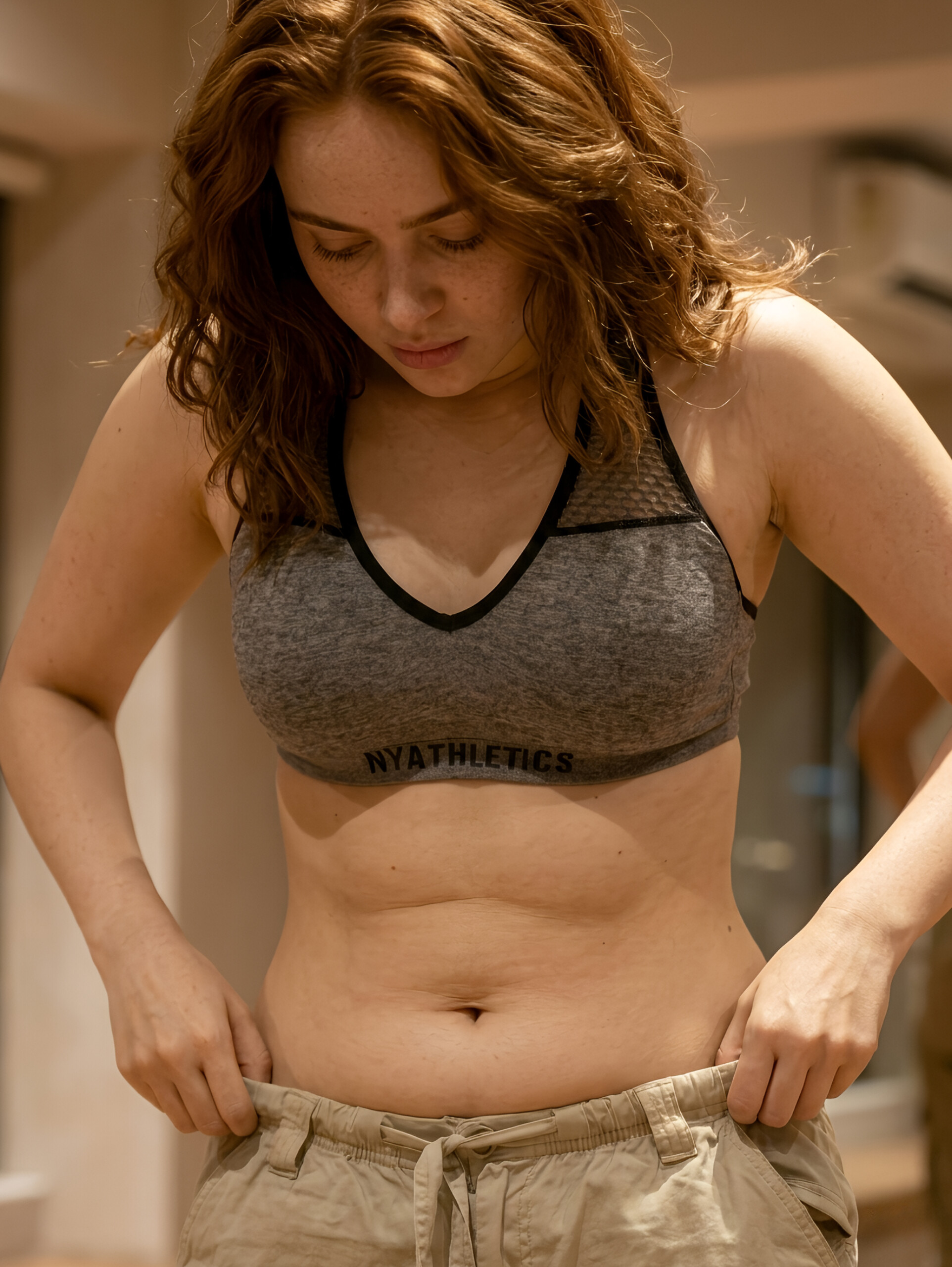 Candid shot of a woman adjusting khaki cargo pants in a warm-toned indoor setting, light freckles, and soft midsection.