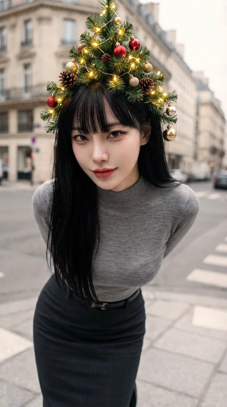 A woman wearing an elegant Christmas tree-inspired headpiece adorned with warm fairy lights against a soft winter backdrop.