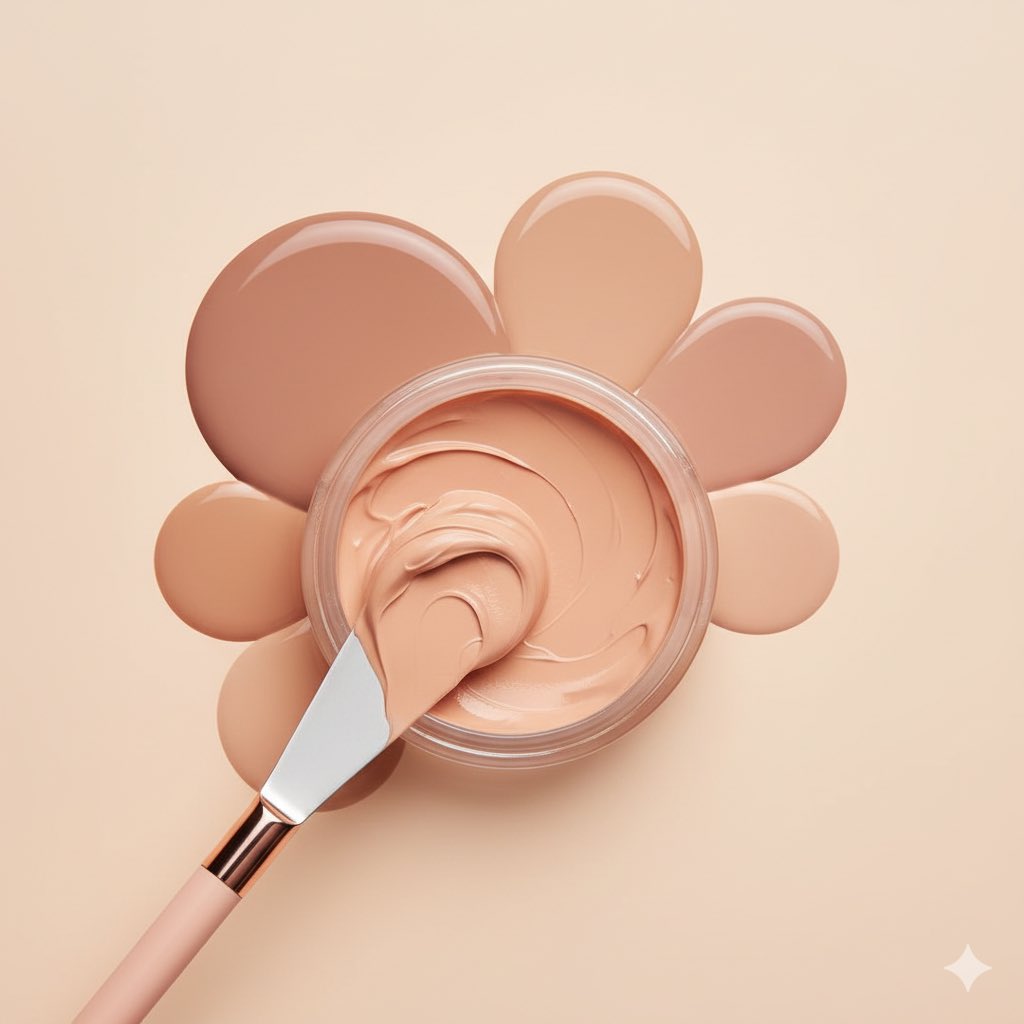 Extreme macro shot of creamy blush being swirled with a spatula on a soft rose background.