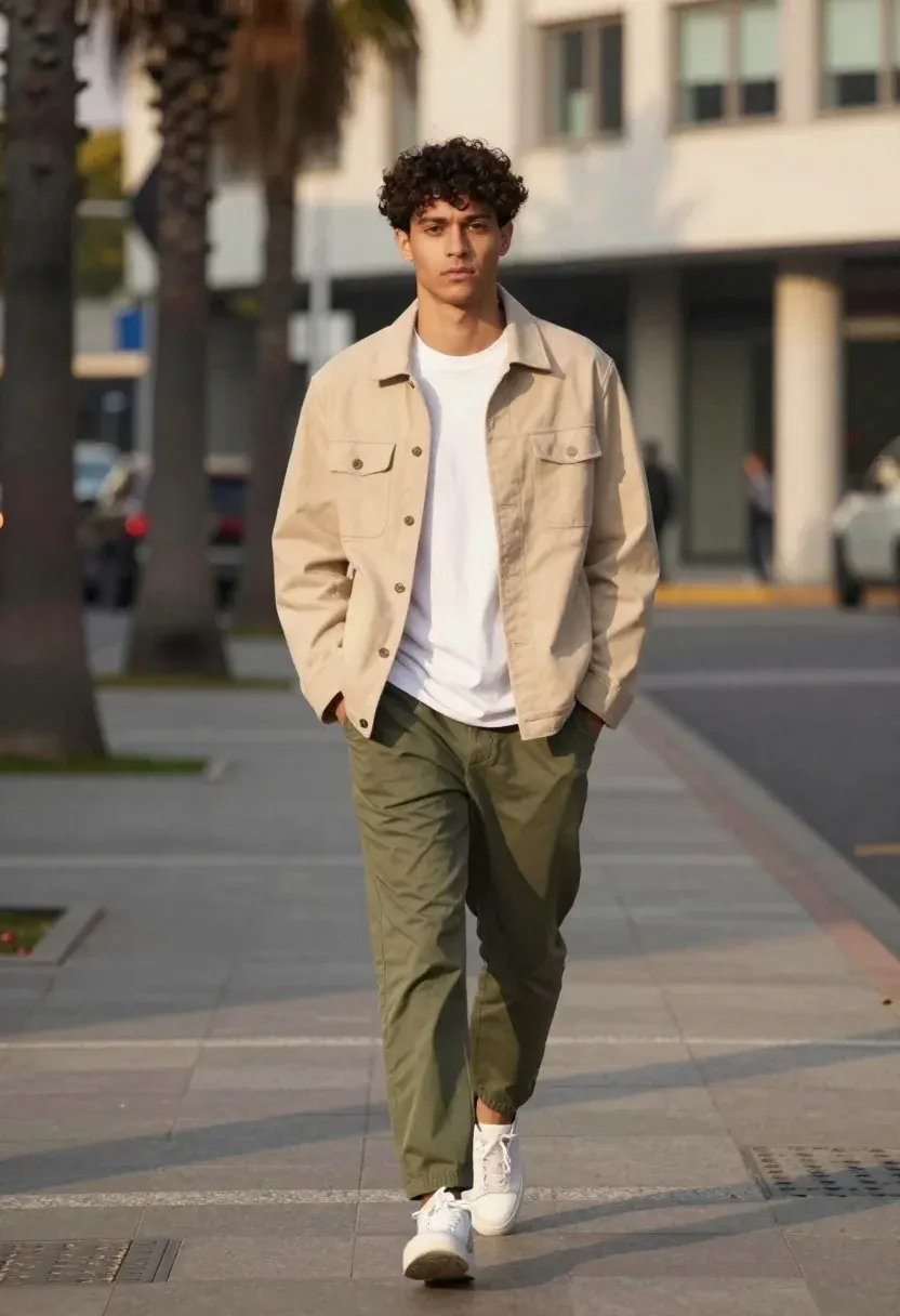 Young Man With Dark Curly Hair Walks Confidently Toward The