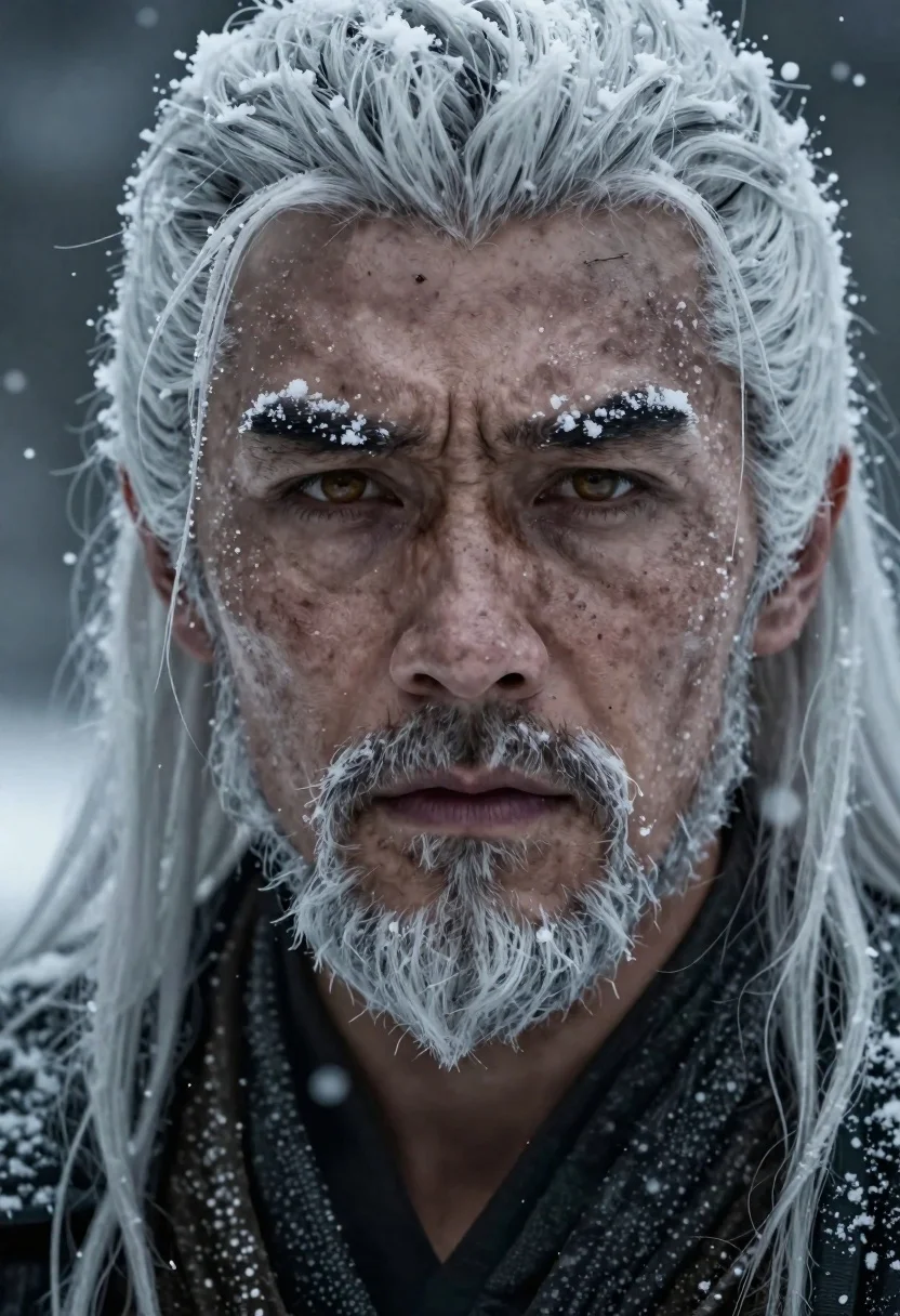 Close-up Hyper-realistic Portrait Rugged Warrior With Long White Hair And reference photo