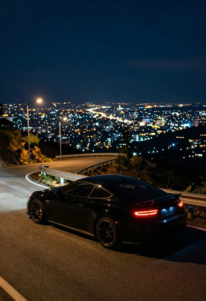 Nighttime Photograph Sleek Black Sports Coupe Parked The Edge Winding reference photo