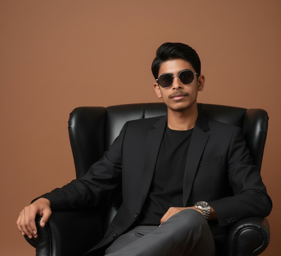 A well-dressed man seated in a VIP chair wearing a stylish coat, t-shirt, and pants, featuring a Rolex watch and hexagonal sunglasses.
