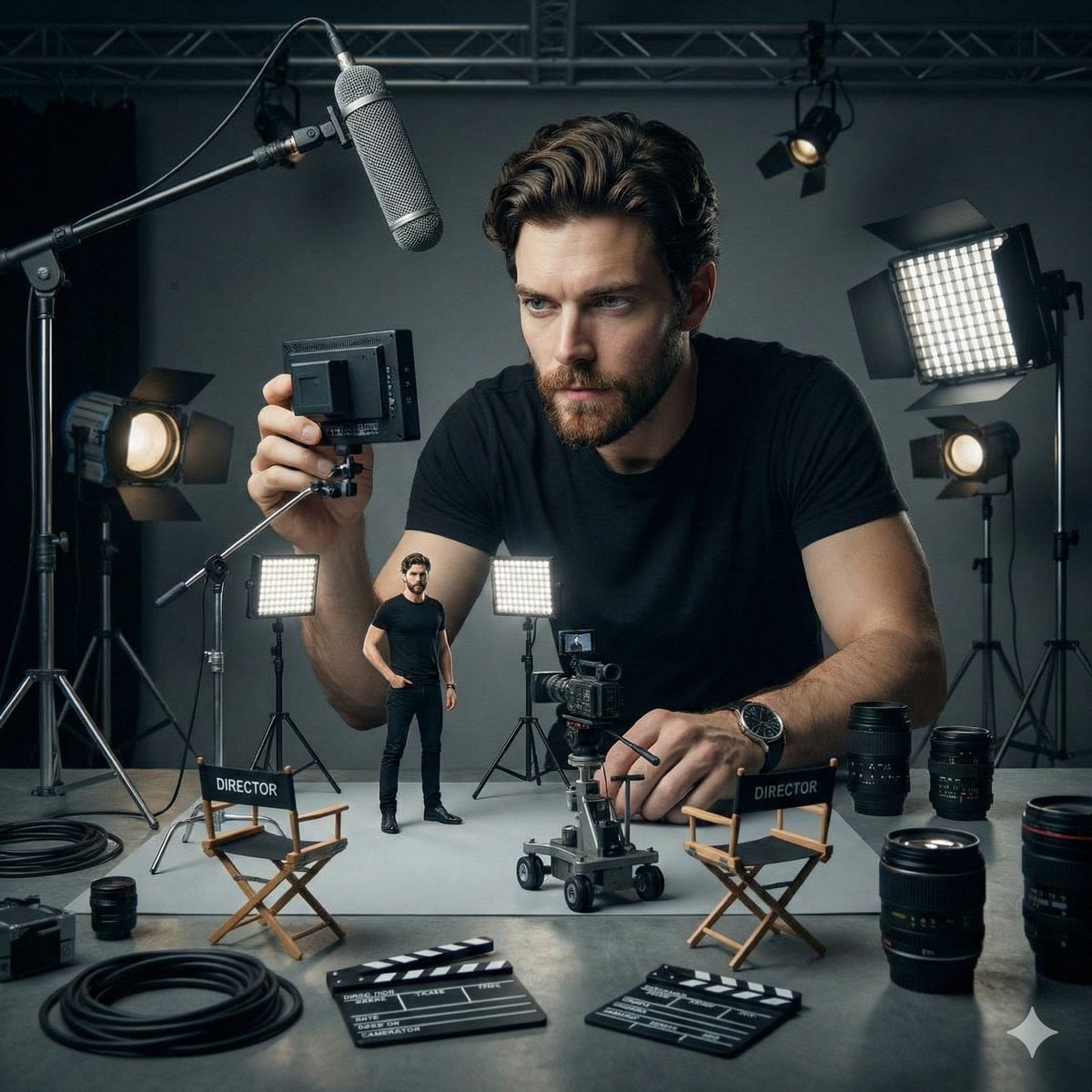 Supervising Miniature Film Set With Tiny Self