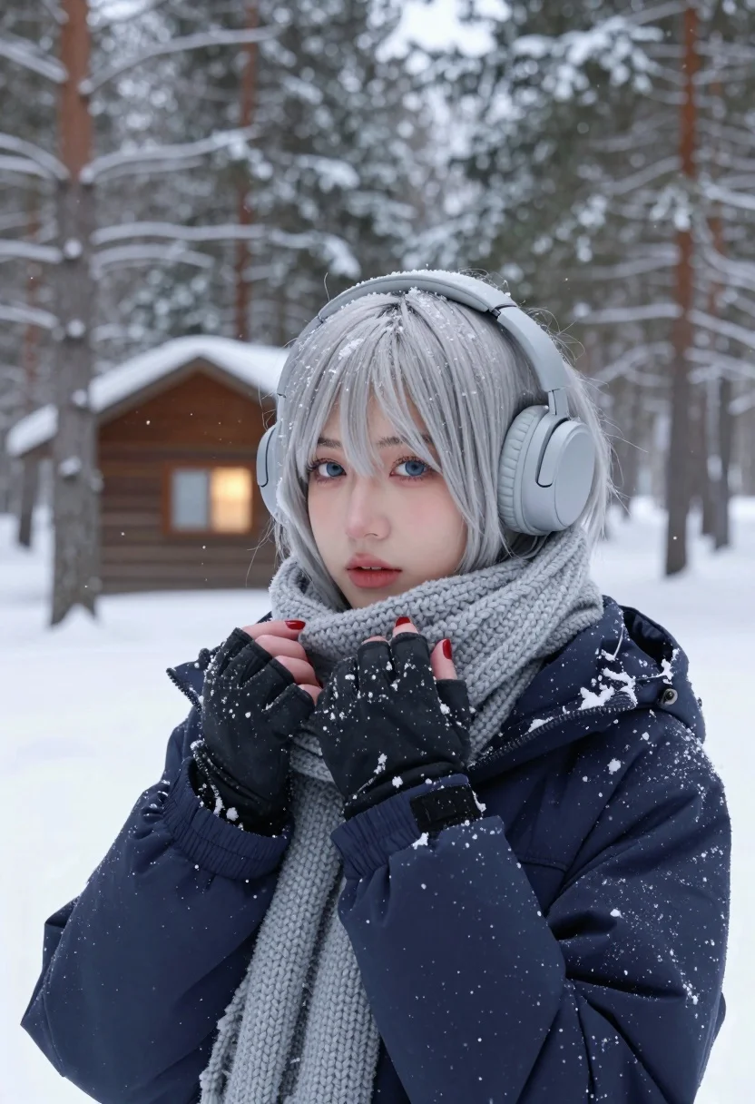 Young Woman With Short Silver Hair Stands Snowy Forest Wearing