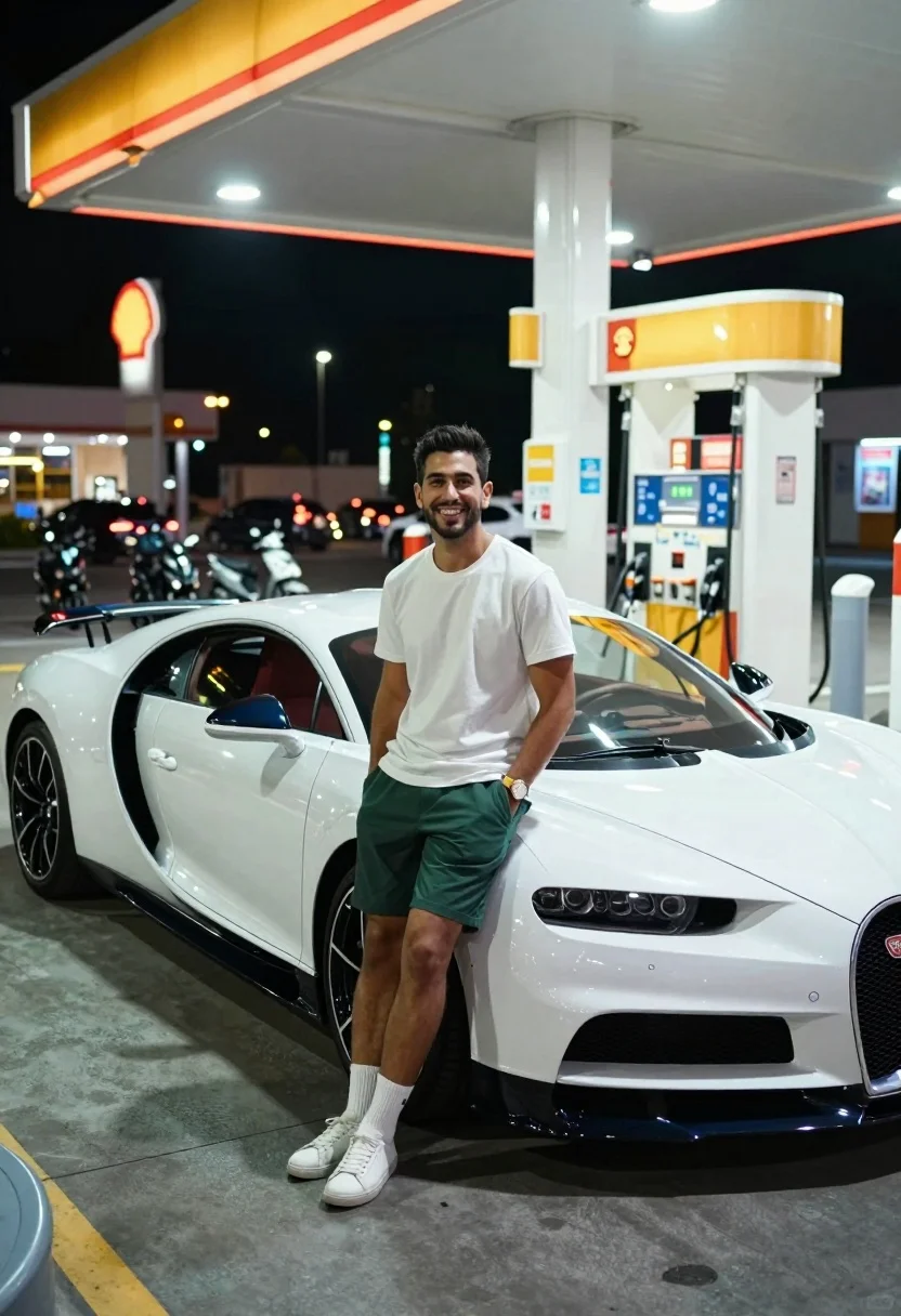 Confident Man Leans Casually Against The Front Fender White Bugatti